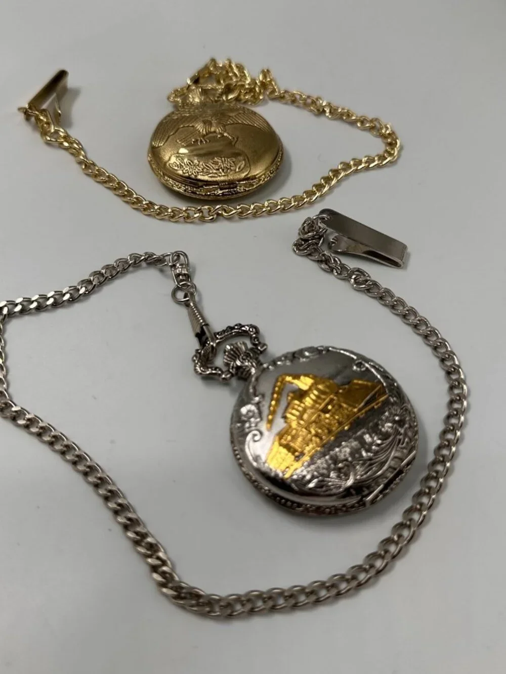 Men Pocket Watch Lot of 2 Bald Eagle Train Theme Silver Gold With Chains